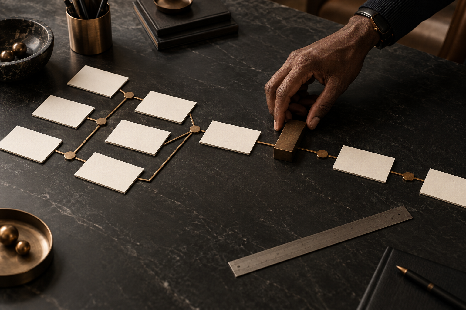 A hand identifies a blocking point in a project plan