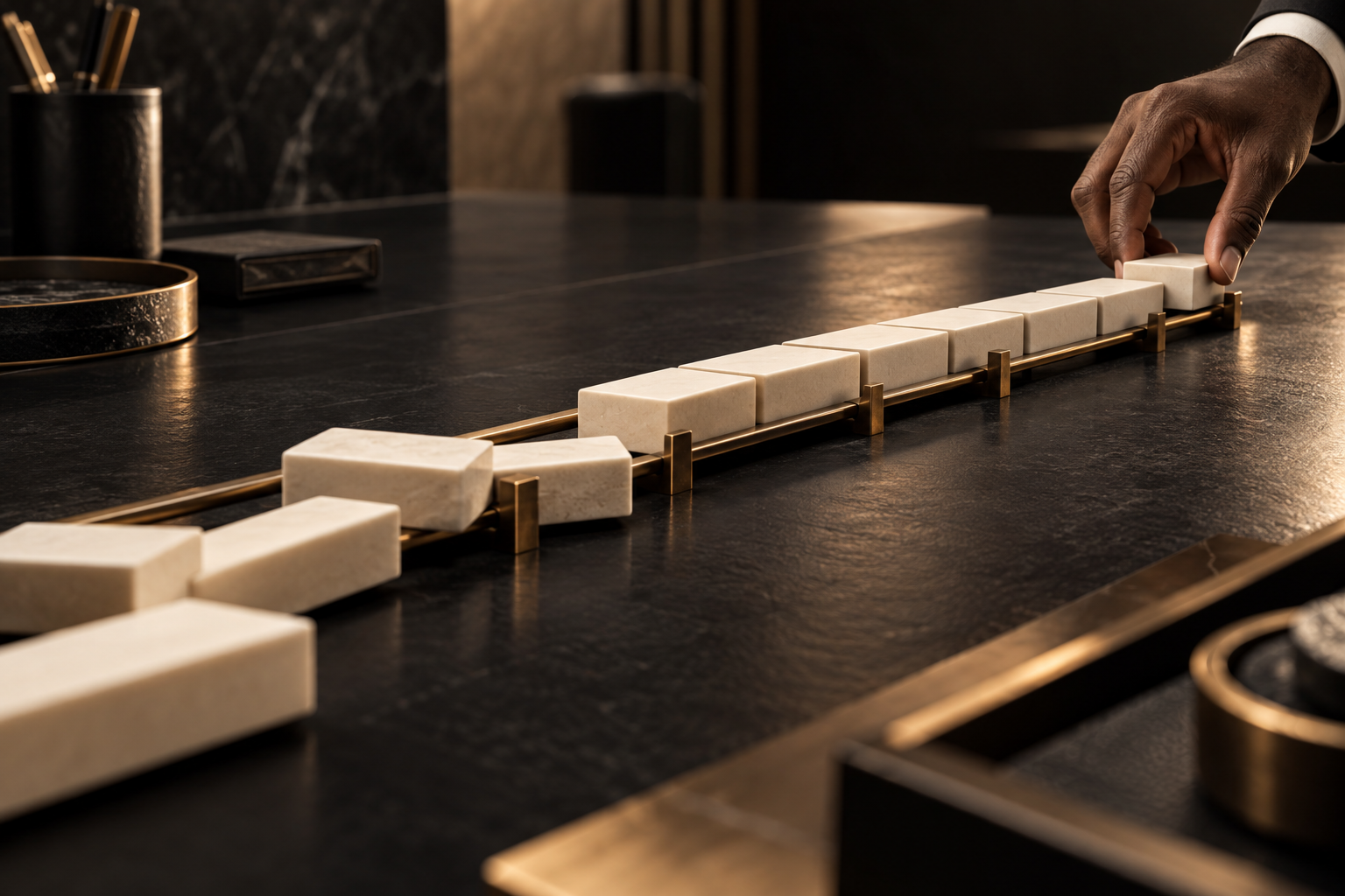 Project steps arranged along a bronze rail